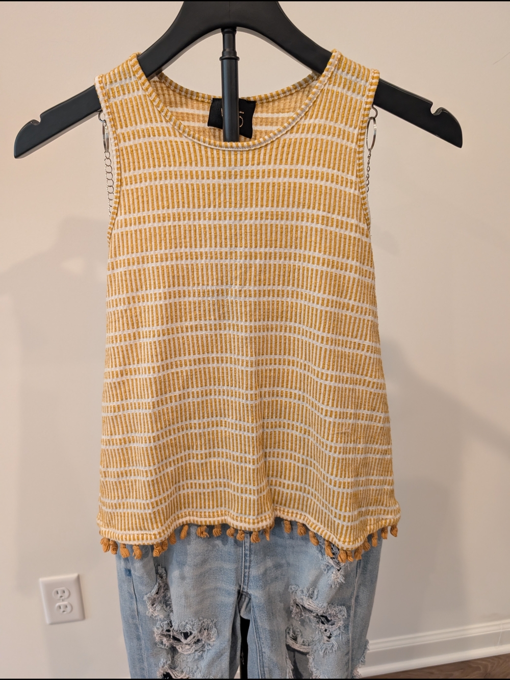 W5 Anthropologie Mustard Yellow Striped Tassel womens boho spring Tank XS